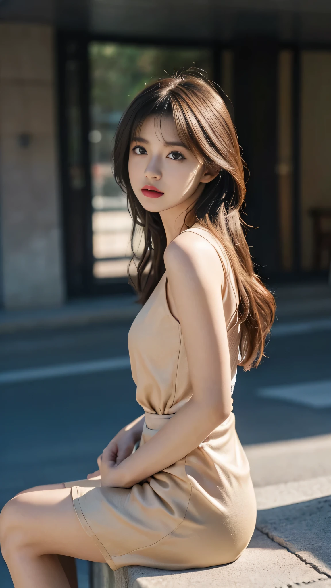 masterpiece, top-quality, 1 beautiful girl, (Detailed beautiful eyes), ((Detailed skin)) , ((Detailed medium hair)), A beautiful girl, jum suit, RAW photos, Camera angle behind, sitting, CG rendering, Blurred background, deep shadow, 16K, bokered, Very detailed, wallpaper, depth of field, movie light, Ray tracing.
