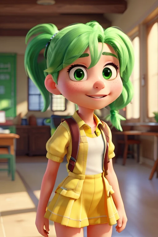 {highest quality}, {{masterpiece}}, {High resolution}, woman,student,School zone,Green Hair,Yellow Mesh,broun eyes,small eyes,Twin tails,Long Shot,On the road