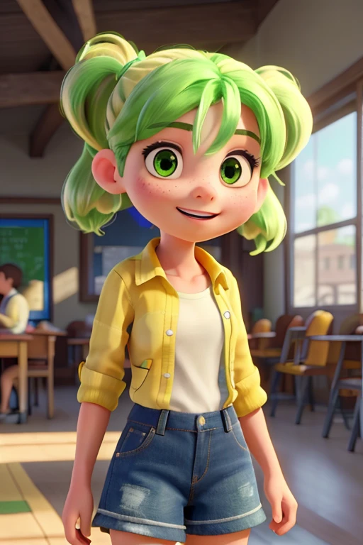 {highest quality}, {{masterpiece}}, {High resolution}, woman,student,School zone,Green Hair,Yellow Mesh,broun eyes,small eyes,Twin tails,Long Shot,On the road