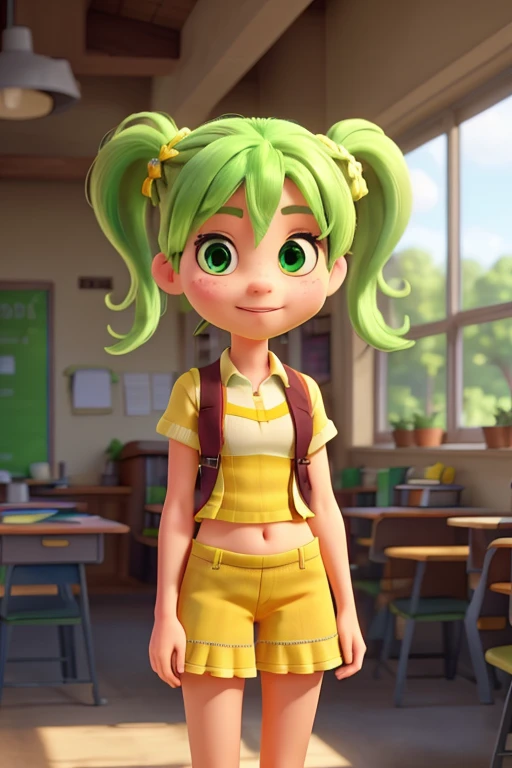 {highest quality}, {{masterpiece}}, {High resolution}, woman,student,School zone,Green Hair,Yellow Mesh,broun eyes,small eyes,Twin tails,Long Shot,On the road
