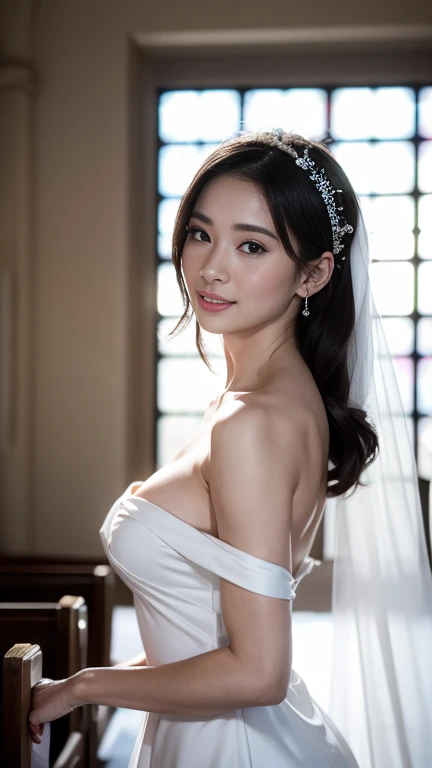 (masterpiece: 1.4), (hyper realistic: 1.4), (best quality, 16k, 32k, masterpiece, UHD: 1.2), dainty Japan herself female photo, one young girl, double eyelids, (big: 1.2), sexy bride, small breasts, (pure white wedding dress, wedding veil)), (deep slit: 1.2), (smile: 1.1), Off-shoulder, ((in church)), cleavage cutout, (sideboob), (close to viewer), (natural light)