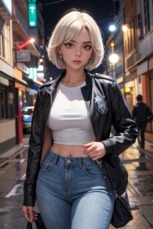 1 garota linda policial de noite, cabelos curtos estilo French bob batido na nuca, cabelo cinza, olhos claros, de noite, cidade noturna, clima sombrio, chuva suave, police badge and police accessories, vestindo uma blusa cinza e jeans escuros justos, jaqueta de couro curta policial, mostrando abdome definido, olhar encantador