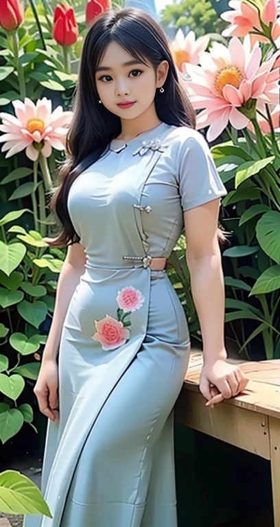 Burmese girl blues Silk dress attractive curvy full body.  Friends full-length bikini, ( dress) reflective long dress painted with flower patterns, only dress.  hi gh hips  High resolution  High resolution  natural background  High resolution  HD  3D,  8K cartoon anime 