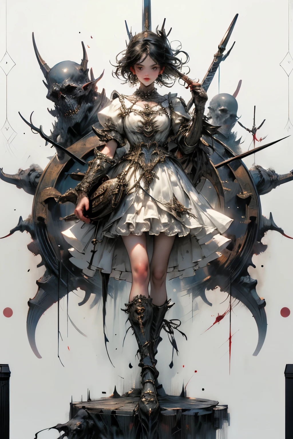 ((best quality)), ((masterpiece)), (detailed), perfect face ((best quality)), ((masterpiece)), (detailed), blank white background, plain background, white background, Bloodborne inspired, occult aesthetic, occult, detailed and intricate steampunk and detailed gothic, NSFW, Very dramatic and cinematic lighting, cosmic horror, grim-dark, side-lighting, perfect face, a beaituful goddess adorned and enshrined in armour, Bloodborne inspired , occult aesthetic, occult, detailed and intricate steampunk and detailed gothic, wielding a sword and holding a shield, NSFW, Fluttering lace flared long knee length dress with frilly petticoats, knee length dress, pleated petticoats, ta dress, petticoats gothic loliside-lighting, gothic lolita aetic, beautiful small breasts, small breasts, full body, whole body, body, plain background, white background, blank background, no background, white background NSFW, full body, whole body, head-to-toe