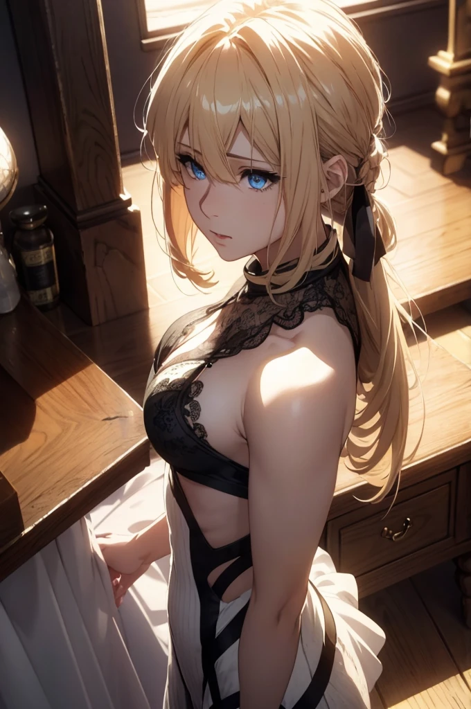A woman wearing lingerie, yellow hair,blue eyes, sleeveless, long hair, dynamic pose, 3d, (8k), detailed texture,(hyperdetailed), (photo realistic), cinematic light, cinematic action, highly detailed, realistic, Isometric, full body, sexy outfit, in frame, driven expression, dark theme, (extremely detailed eyes), detailed symmetric realistic face, extremely detailed natural texture, masterpiece, extremely detailed, amazing, fine detail, rich colors, hyper realistic lifelike texture, dramatic lighting, unreal engine, trending on art station, photo realistic, RAW photo, high quality, high res, sharp focus, extremely detailed, cinematic lighting, 8k, high definition, cinematic, neoprene, unreal engine 5, ultra sharp focus, ((from side), (from above))