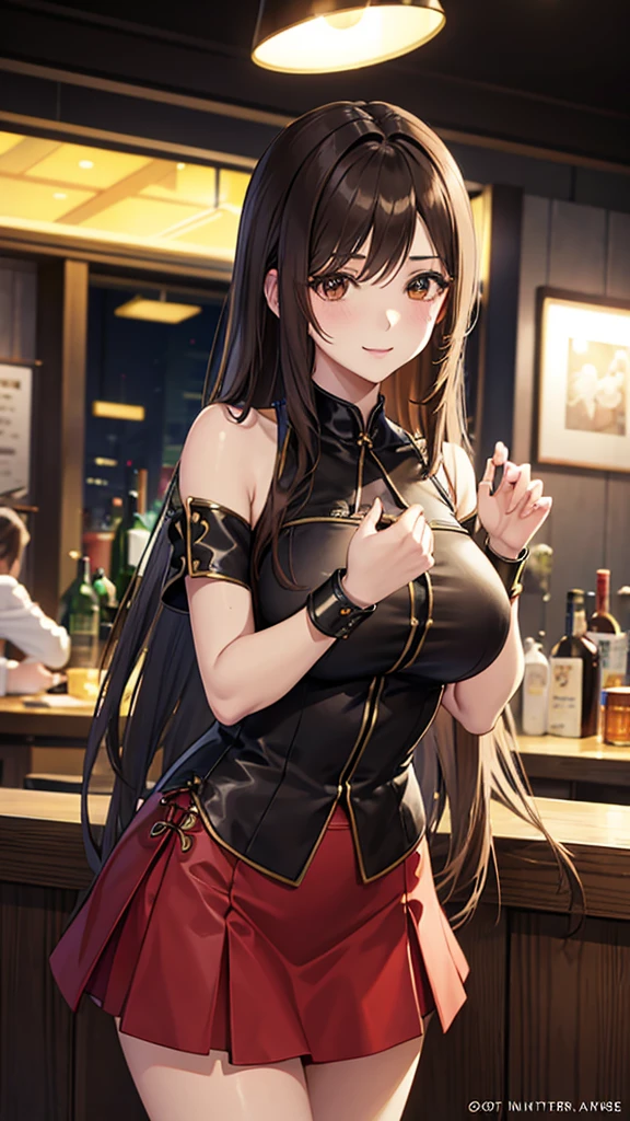 masterpiece, best quality, insanely detailed, anime style, a gir, anime, seductive anime girl, attractive anime girl,  Fine details, female anime character, Big Breasts, ecchi anime style, Cowboy Shot、Long Hair、brown hair, shiny hair, hairpin, light brown eyes, hair over one eye、off-the-shoulder top, Flare skirt、At the bar at night、bar, smile, sexy pose, bewitching pose, 