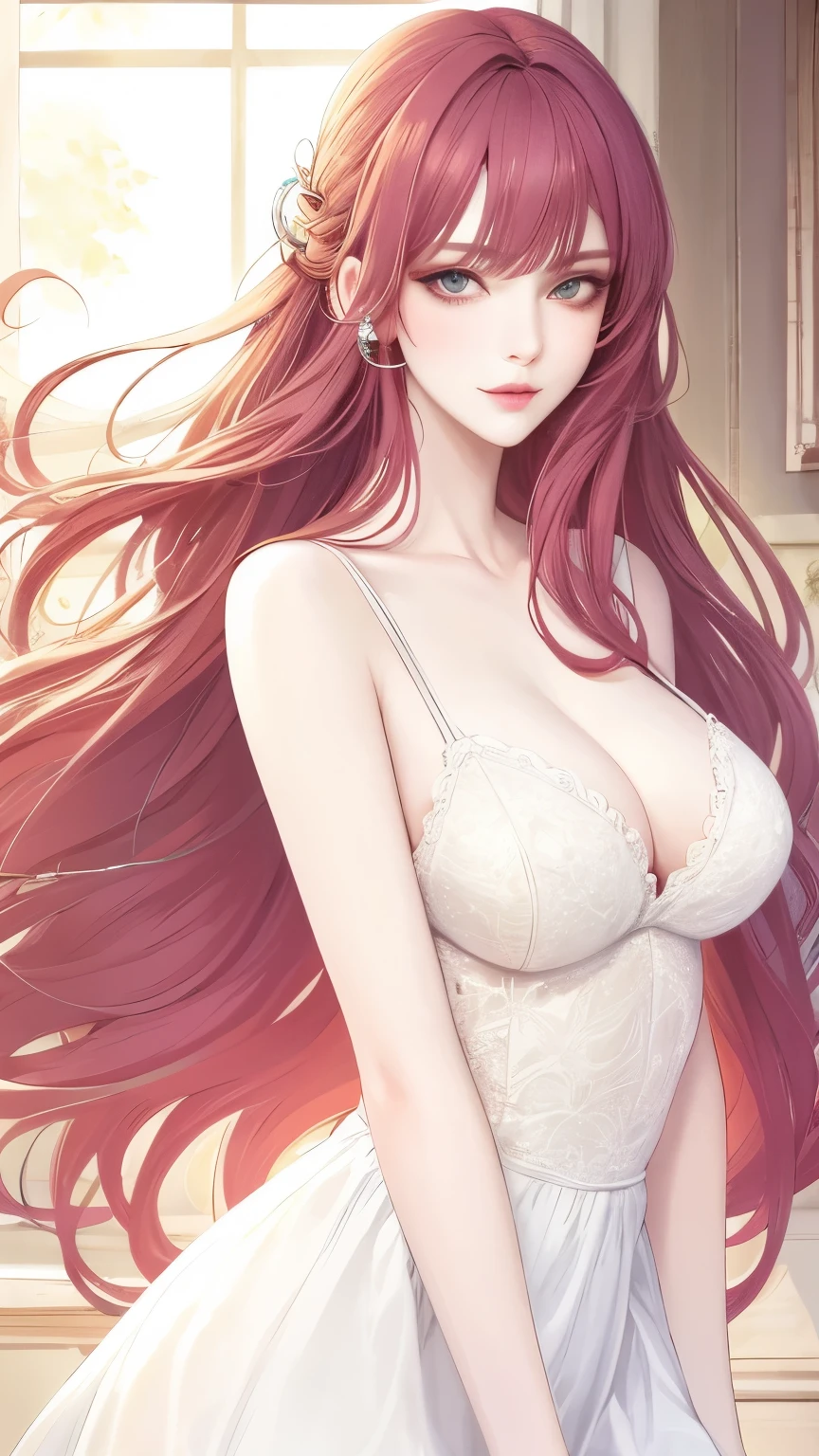 (masterpiece, best quality:1.2), 1girl, solo,mature_lady, delicate face,detail eyes,long hair, floating hair,medium breasts, upper body,,White lace tube top dress,in a student dormitory
