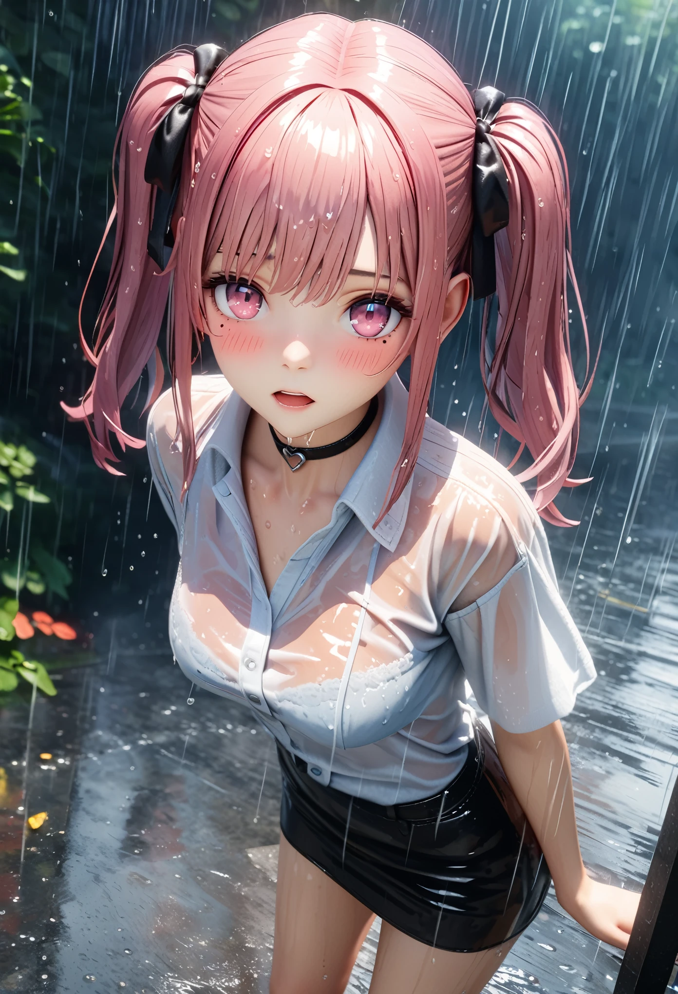 masterpiece, best quality, very detailed, high resolution, expensive resolution, high resolution, 4K, 8k, Unity 8k wallpaper, highly detailed CG, masterpiece, 2D, 3D, beautiful details, depth, fine texture, best quality: 1.3, perfect focus, transparent skin, him, rain, wet, wet clothes: 1.2
Very cute anime girl, (bra visible through white blouse wet from pouring rain, miniskirt), large breasts, expensive twin tails hair, one girl, rain, (raindrops dripping from wet hair, bra visible through thin blouse wet from rain, miniskirt), mole under eye, looks at the viewer, expensive, blush, mole, open lips, heart, pink eyes, choker, white transparent bra