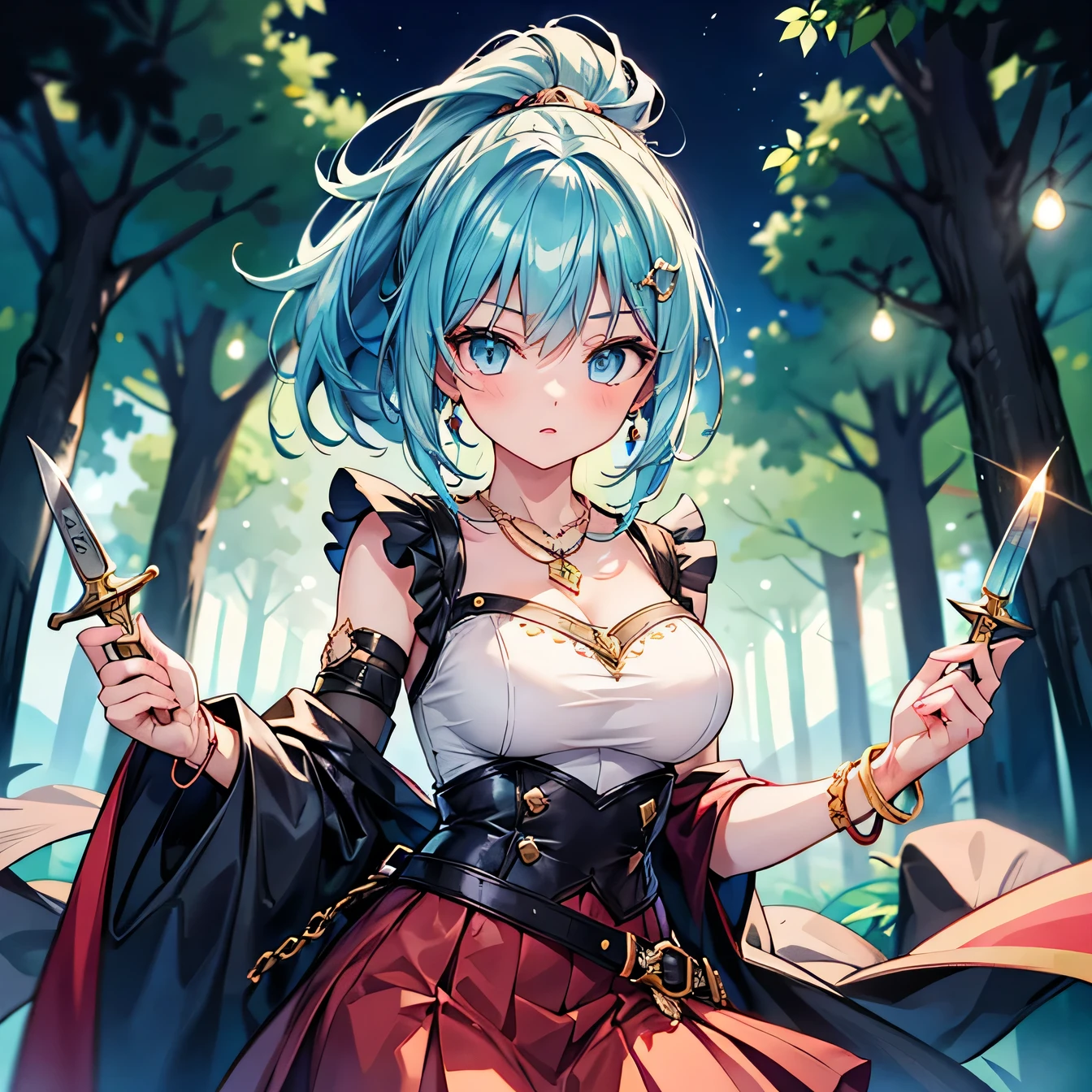 Anime Moe Art Style,highest quality,High resolution,Anatomically correct,One Girl,Mid-teens,A girl with light blue hair in a ponytail,Super detailed,Fantasy World,Sleeveless blouse,flare skirt,Big Breasts,A rich expression,Caution expression,Night Forest,Holding a dagger in reverse,Eyes drawn in detail,hair ornaments,necklace,bracelet,ring,8K