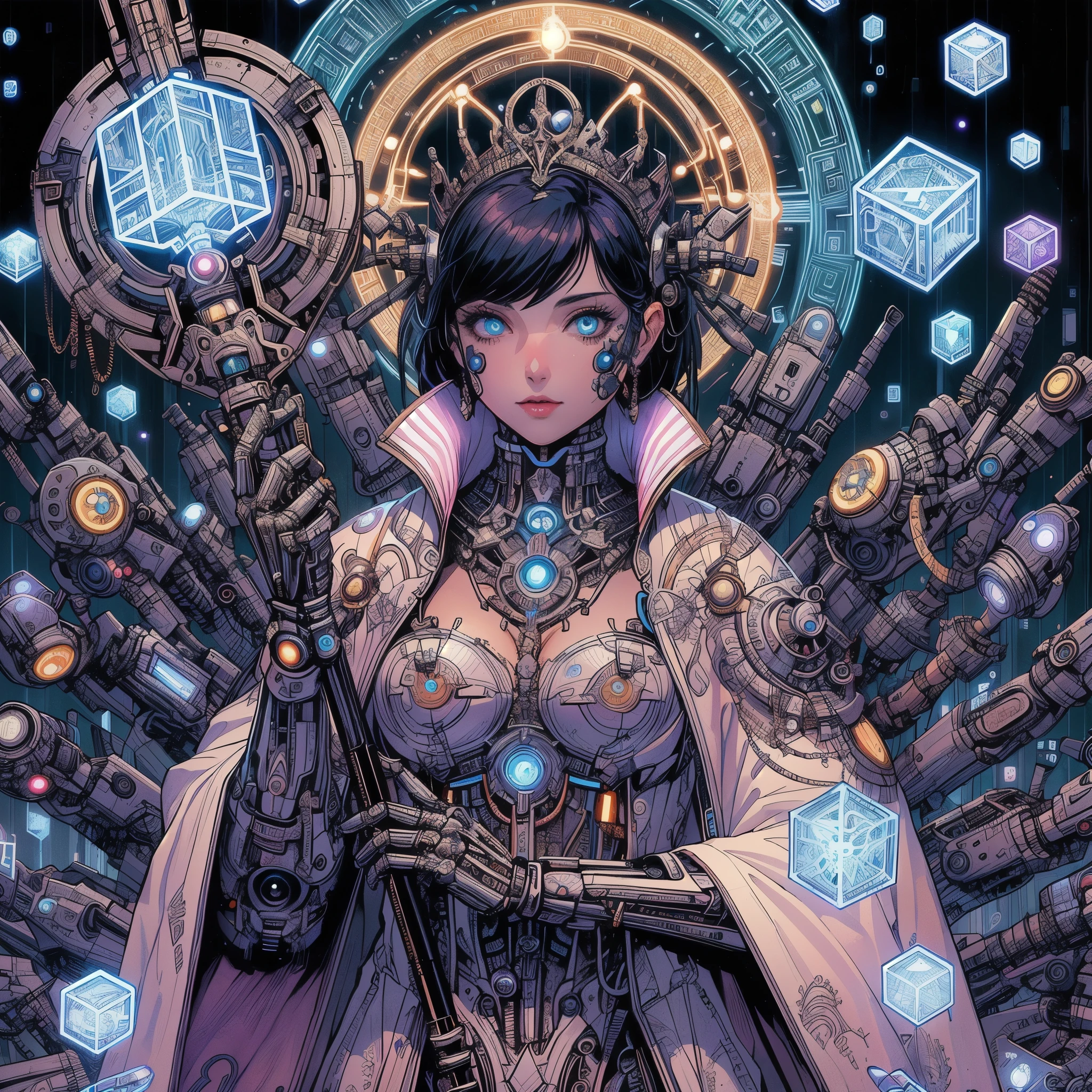 a close up of a woman with a sci - fiorer on her arm, greg beeple, cyborg goddess in cosmos, beautiful cyborg priestess, simple futurist cyborg empress, intricate cyborg, cyberpunk art nouveau, beautiful female neuromancer, inspired by Masamune Shirow, cyborg merchant girl, cyborg noble woman, artgerm julie bell beeple