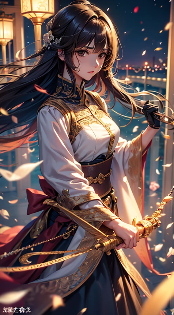 highest quality, Tabletop, Beautiful mature woman、Beautiful Face、a woman with a strong will、Brown haired、Brown eyes、Medium Long Hair、Night Scenery、View of the large suspension bridge、Like the whole body、Small eyes