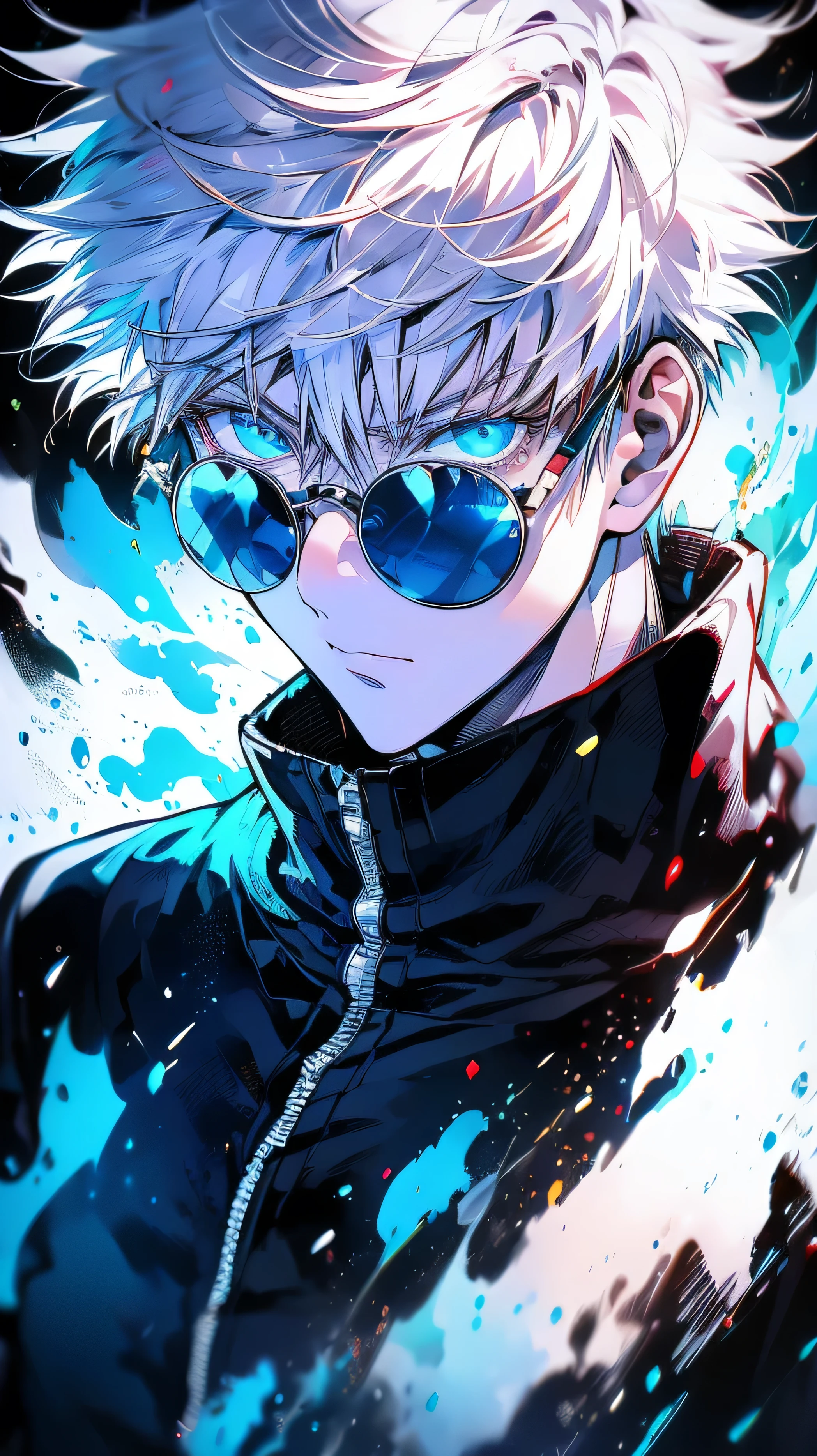 Satoru Gojo, Jujutsu Kaisen, Handsome man with white medium length hair, wearing round sunglasses and blue galaxy in his eyes, Sunglasses on the bridge of his nose, revealing his deep blue eyes, looking at viewers, hyper-realistic atmospheres, details, 8k