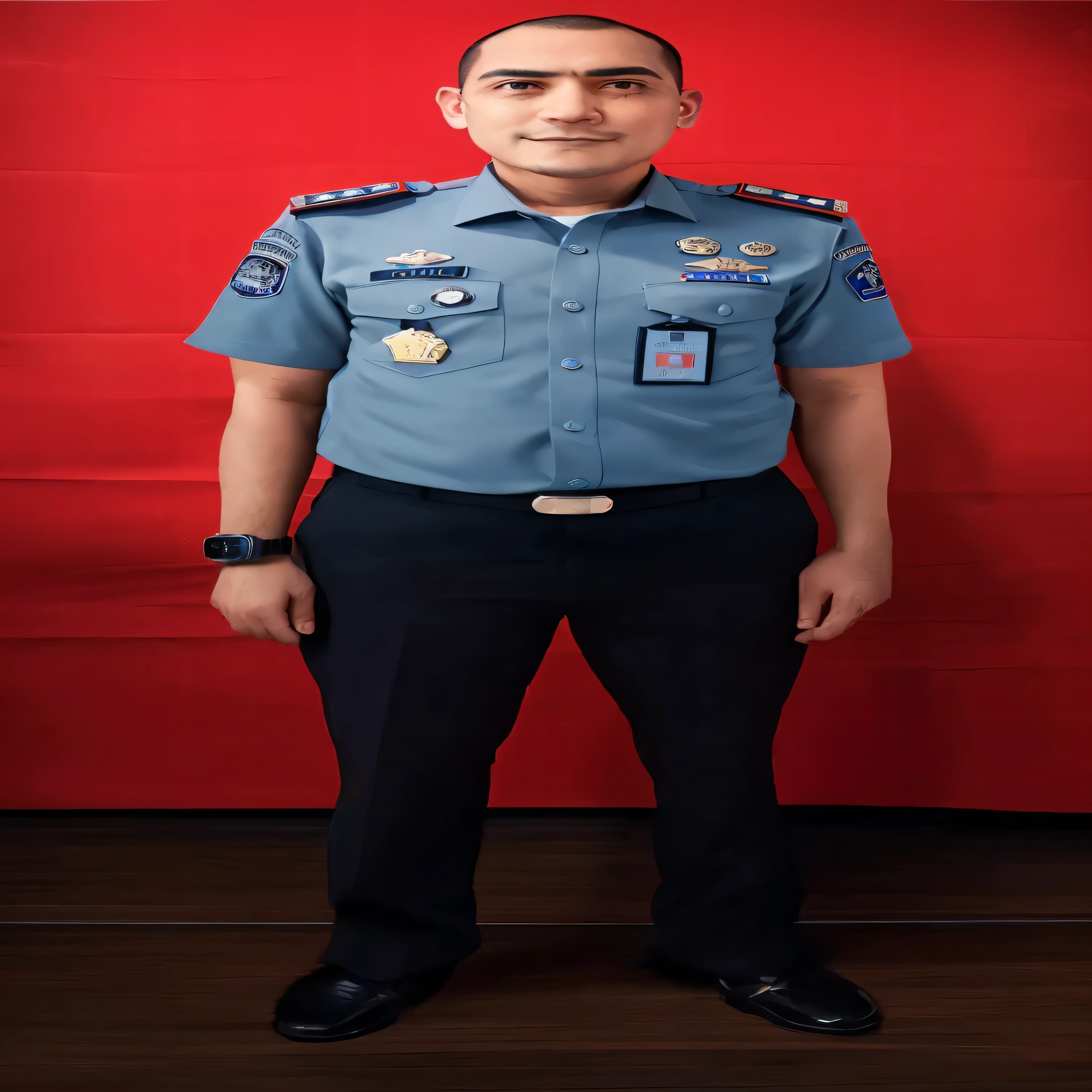 arafed man in uniform standing in front of a red backdrop, full uniform, officer, police officer, outfit: cop, blue uniform, security agent, full body picture, wearing a police uniform, in uniform, full body photogenic shot, full body photograph, portrait full body, full body portrait shot, uniform, wearing rr diner uniform, full body camera shot