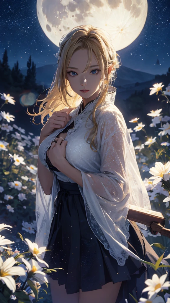 masterpiece, high quality, 4K, Beautiful design, silhouette,blonde, 非常に詳細な夜のStarry Sky,Flower Field, wonderful, Finer details, Very knowledgeable woman, Highly detailed solo, 1 female,Beautiful Eyes,I like rumors,Big Breasts,camisole,mini skirt,Night view,Starry Sky,full moon,