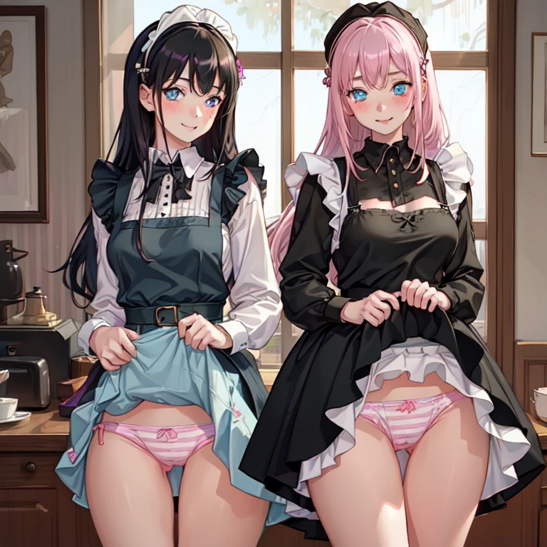 highest quality, masterpiece, ((2 girls:1.5)), ((smile:1.3)), (blush:1.3), Black Shirt, blouse, ((fun!!)), (Small breasts), Blonde, (Long sleeve), ((White apron:1.5)), ((Maid)), ((hair ornaments)), Kamimei, look at me, ((in house:1.5)), Taking a break from watching the audience, Cowboy Shot, (skirtlift:1.3), (Highly detailed pink striped panties:1.3), (Highly detailed panties:1.3), (skirt that rolls up:1.3), (Panties fully exposed:1.5), Light blue eyes, long hair, Glowing Eyes