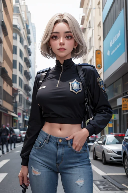1 garota linda policial de noite, cabelos curtos estilo French bob batido na nuca, cabelo cinza, olhos claros, de noite, cidade noturna, clima sombrio, chuva suave, police badge and police accessories, vestindo uma blusa cinza e jeans escuros justos, jaqueta de couro curta policial, mostrando abdome definido, olhar encantador