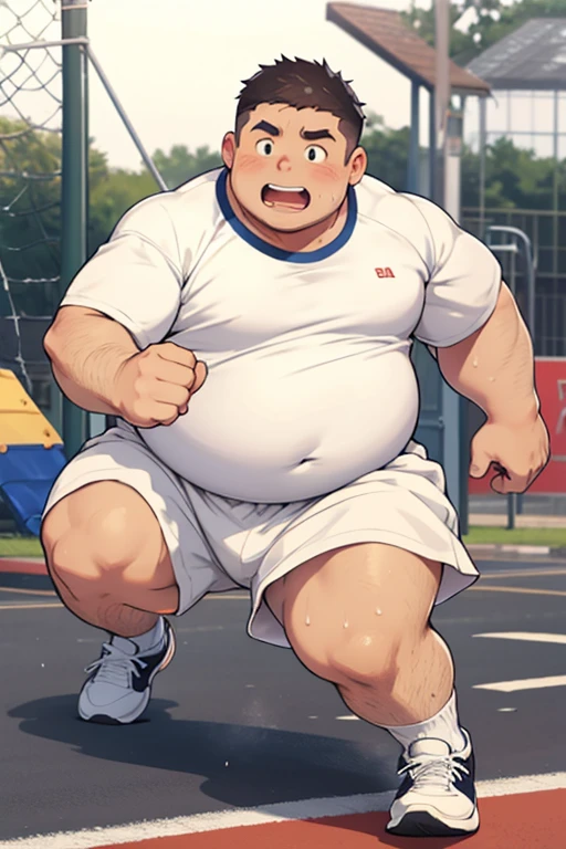 Fat man, overweight, white socks, shorts, sports shoes, running, on the playground, sweating,  T-shirt,adult，