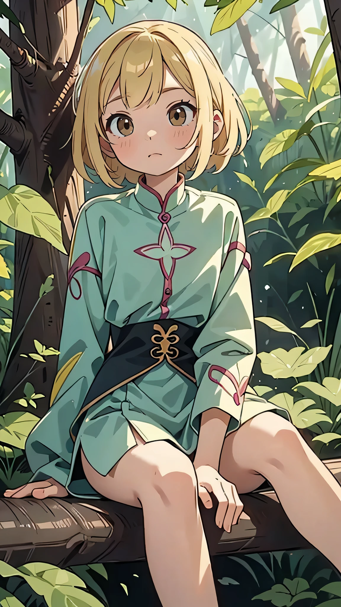 Tratrix Mantis,short,Mantis Sleeve,alone, One girl,whole body,Sitting,Forest Background,masterpiece,alone,Beautiful fine details,In detail,Detailed face,Bright colors,Five fingers,In detailed,Super detailed,Detailed hands,8k,In detailed beautiful eyes,High resolution illustrations,highest quality,