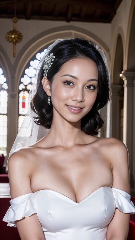 (masterpiece: 1.4), (hyper realistic: 1.4), (best quality, 16k, 32k, masterpiece, UHD: 1.2), dainty Japan herself female photo, one young girl, double eyelids, (big: 1.2), sexy bride, small breasts, (pure white wedding dress, wedding veil)), (deep slit: 1.2), (smile: 1.1), Off-shoulder, ((in church)), cleavage cutout, (sideboob), (close to viewer), (natural light)