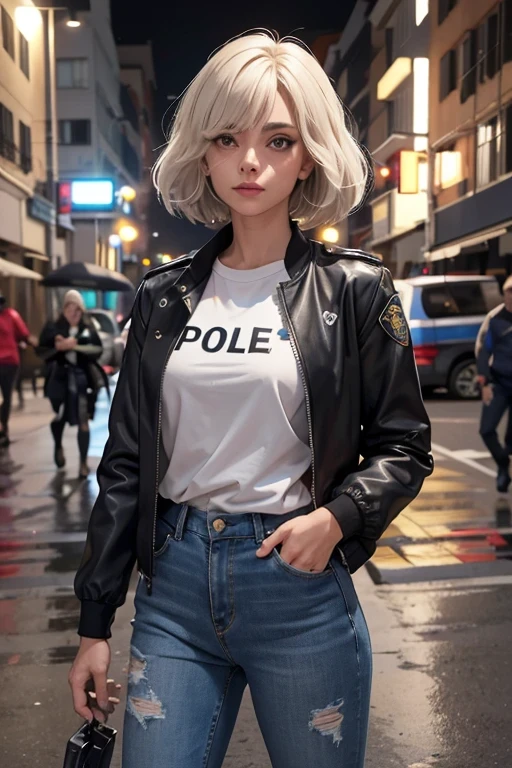 1 garota linda policial de noite, cabelos curtos estilo French bob batido na nuca, cabelo cinza, olhos claros, de noite, cidade noturna, clima sombrio, chuva suave, police badge and police accessories, vestindo uma blusa cinza e jeans escuros justos, jaqueta de couro curta policial, mostrando abdome definido, olhar encantador