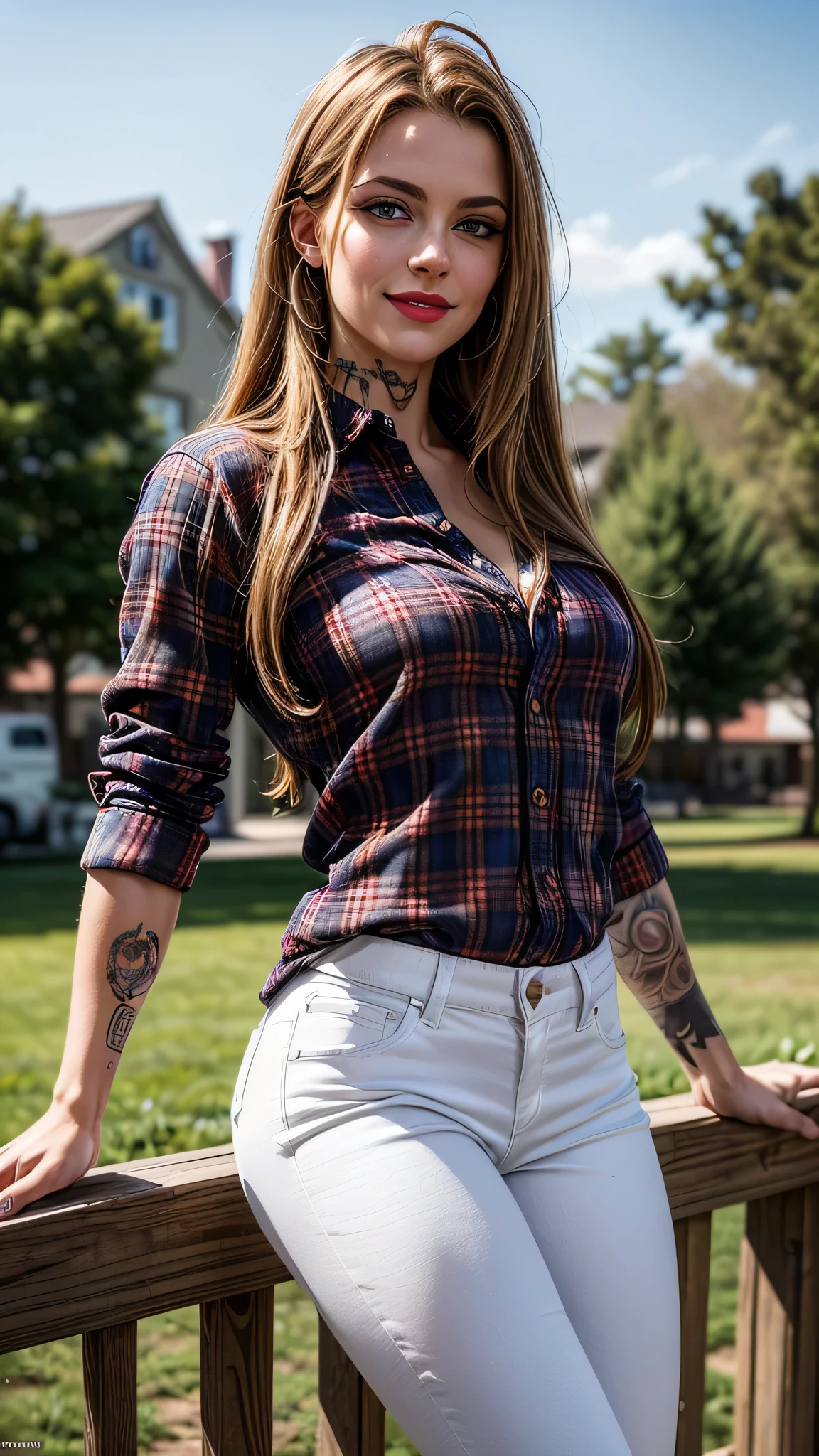 ((best quality: 1.5)) ((masterpiece)), intricate details, sharp focus, professional, real life, realistic representation of the face, dynamic pose, in the style of realistic and hyper detailed renderings BREAK ((detailed (bodybuilder muscle babe, (suntan, [flat chest:medium breasts:0.6], nude, ((flannel shirt, white jeans), long straight hair [bright ginger hair:light blond hair:0.8]), smiling, happy, tattoo:0.8, faraway farmhouse, bokeh, blackout eye makeup: 0.4, iceblue eyes), red lipstick, outdoors), professional lighting, photon mapping, radiosity, physically based rendering, ultra resolution, hyper-realistic)), photorealistic, hyper-realistic, 8K
