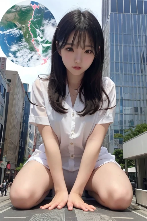 a korean woman panty look, whose height is 10000000 kilometers, at the nano-sized miniature endless city of micro-sized endless continent world, she kneel down on top of a lot of nano-sized buildings which are much smaller than her, she feel happy and enjoy