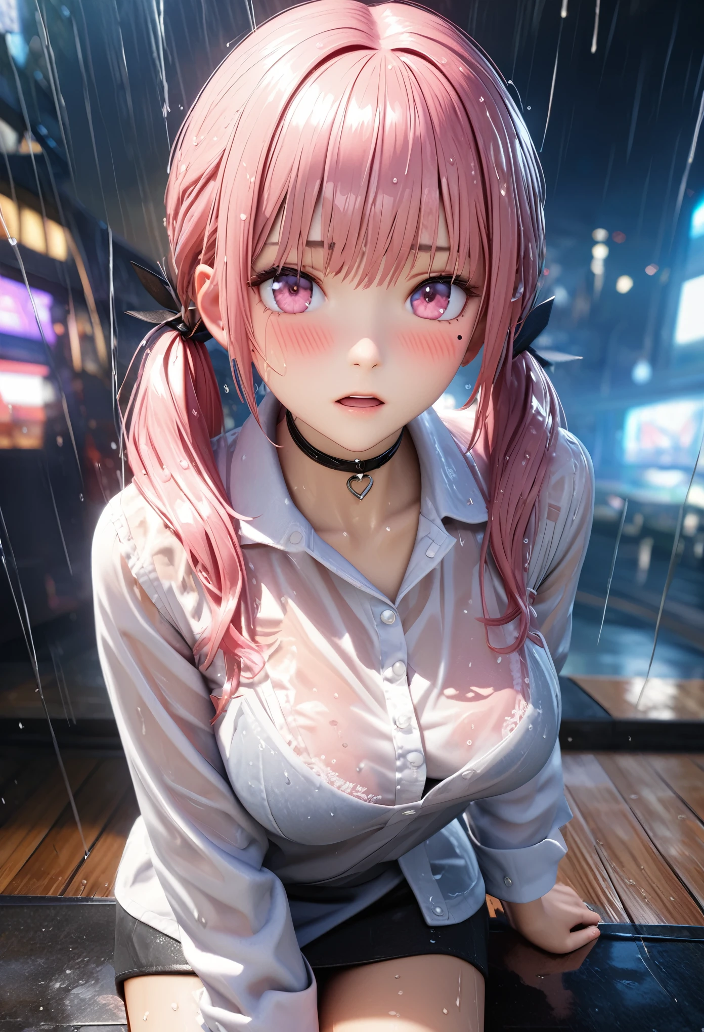 masterpiece, best quality, very detailed, high resolution, expensive resolution, high resolution, 4K, 8k, Unity 8k wallpaper, highly detailed CG, masterpiece, 2D, 3D, beautiful details, depth, fine texture, best quality: 1.3, perfect focus, transparent skin, him, rain, wet, wet clothes: 1.2
Very cute anime girl, (bra visible through white blouse wet from pouring rain, miniskirt), large breasts, expensive twin tails hair, one girl, rain, (raindrops dripping from wet hair, bra visible through thin blouse wet from rain, miniskirt), mole under eye, looks at the viewer, expensive, blush, mole, open lips, heart, pink eyes, choker, white transparent bra