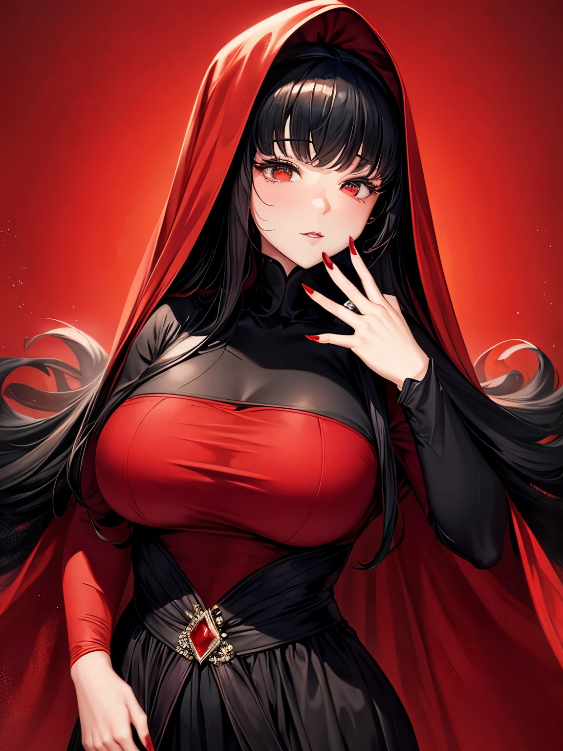 An elegant chubby woman, wearing a red veil covering her eyes, places her fingers on her lips, symbolizing silence. Her nails were long and painted bright red. The background is solid black