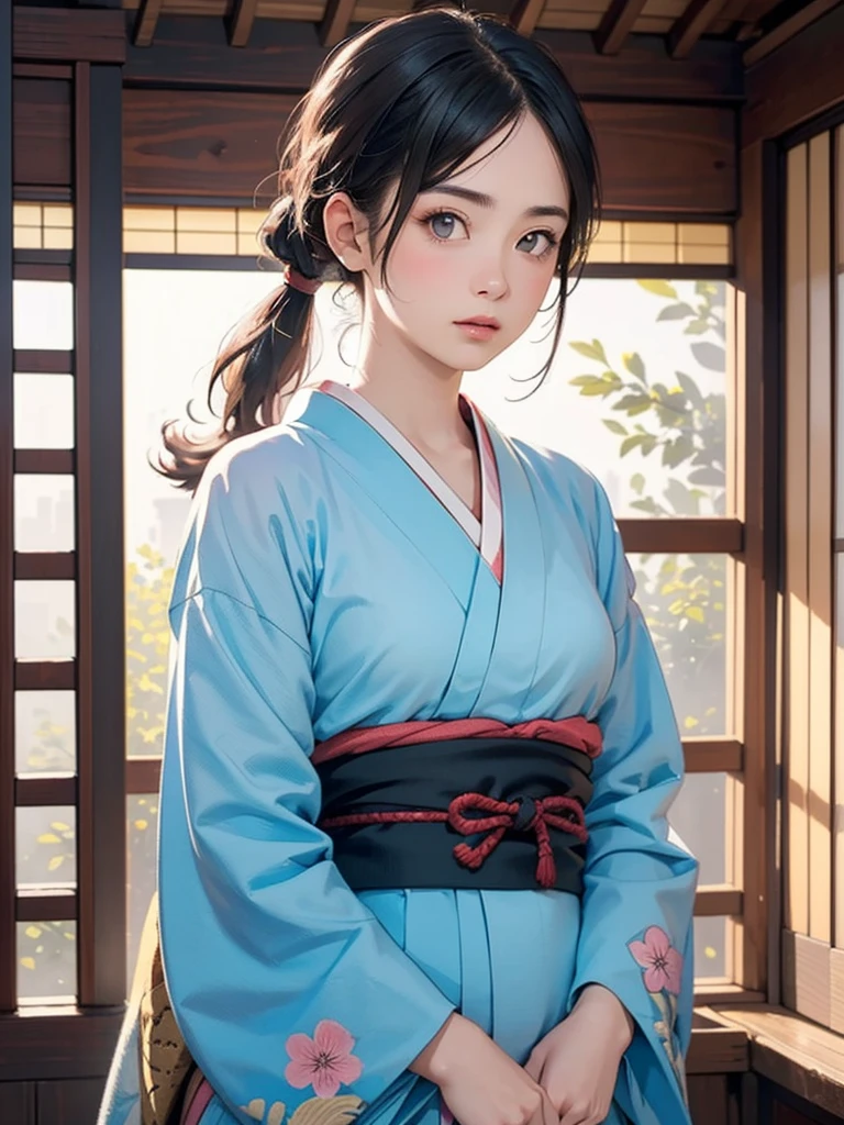 (highest quality、8k、32k、masterpiece)、(masterpiece,up to date,Exceptional:1.2), anime,One girl,Front hair,black_hair, Beautiful 8k eyes,Looking_in_Audience,One person in,Are standing,((Very beautiful woman, Fuller lips, Japanese pintern kimono))、((Colorful Japanese kimono)))、(((cowboy Shot)))、Blunt bung、(High resolution)、Very beautiful face and eyes、1 girl 、Round and small face、Narrow waist、delicine body、(highest quality high detail Rich skin details)、(highest quality、8k、Oil paints:1.2)、Very detailed、(Realistic、Realistic:1.37)、Bright colors、(((blackhair)))、(((Blunt bung，pony tail)))、(((cowboy pictures)))、((( Inside an old Japanese house with a (short focus lens:1.4),)))、(masterpiece, highest quality, highest quality, Official Art, beautifully、aesthetic:1.2), (One girl), Very detailedな,(Fractal Art:1.3),colorful,Most detailed,Sengoku period(High resolution)、Very beautiful face and eyes、1 girl 、Round and small face、Tight waist、Delicine body、(highest quality high detail Rich skin details)、(highest quality、8k、Oil paints:1.2)、(Realistic、Realistic:1.37)、Greg Rutkowski Written by Alphonse Mucha Ropp,short ,uchikake,nishijin ori,(realistic light and shadow), (real and delicate background),(muted colors, dim colors, soothing tones:1.3), low saturation, (hyperdetailed:1.2), (noir:0.4),drow,blurry_light_background, (vibrant color:1.2), cinematic lighting, ambient lighting,Single Shot,Shallow Focus,pink lip,blurry light background,