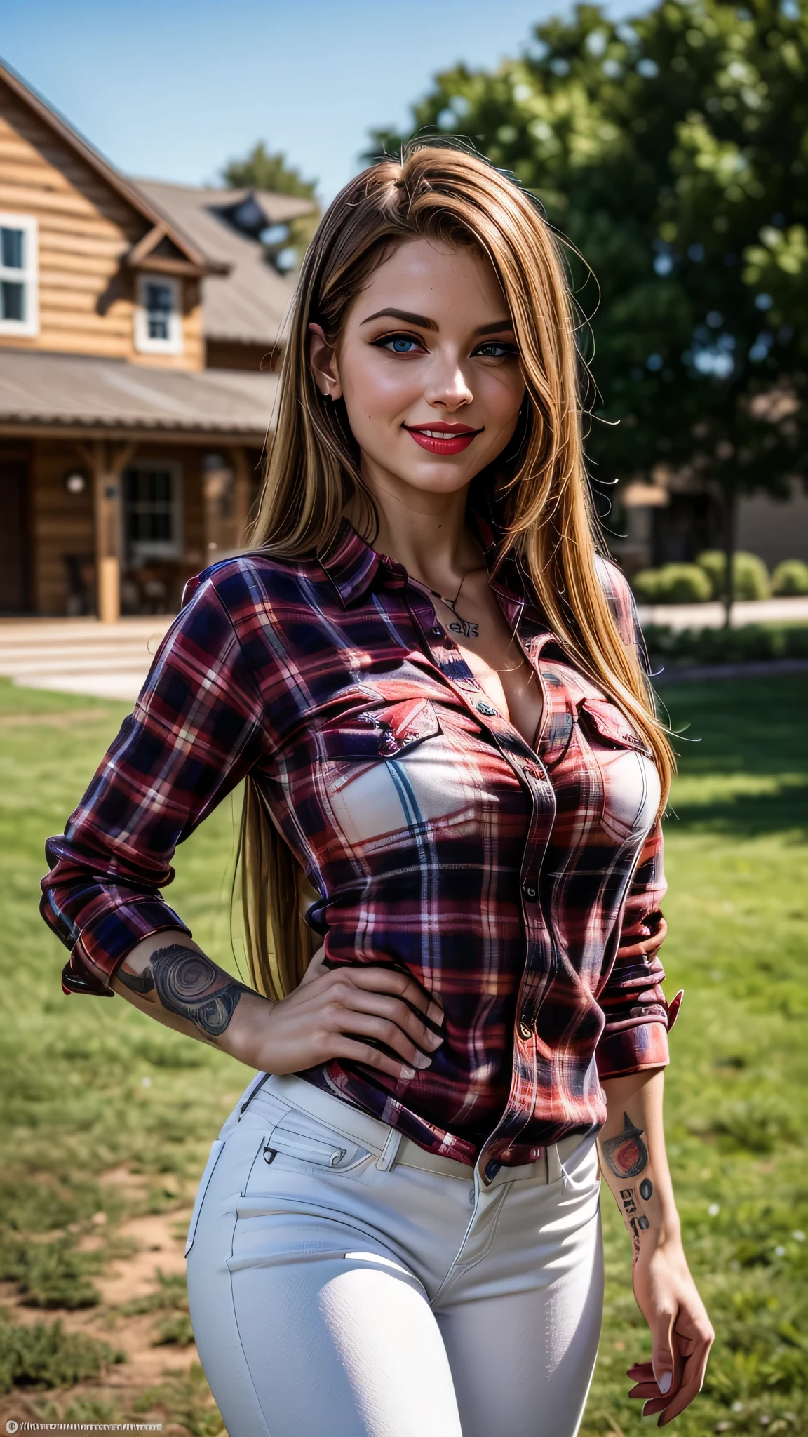 ((best quality: 1.5)) ((masterpiece)), intricate details, sharp focus, professional, real life, realistic representation of the face, dynamic pose, in the style of realistic and hyper detailed renderings BREAK ((detailed (bodybuilder muscle babe, (suntan, [flat chest:medium breasts:0.6], nude, ((flannel shirt, white jeans), long straight hair [bright ginger hair:light blond hair:0.8]), smiling, happy, tattoo:0.8, faraway farmhouse, bokeh, blackout eye makeup: 0.4, iceblue eyes), red lipstick, outdoors), professional lighting, photon mapping, radiosity, physically based rendering, ultra resolution, hyper-realistic)), photorealistic, hyper-realistic, 8K
