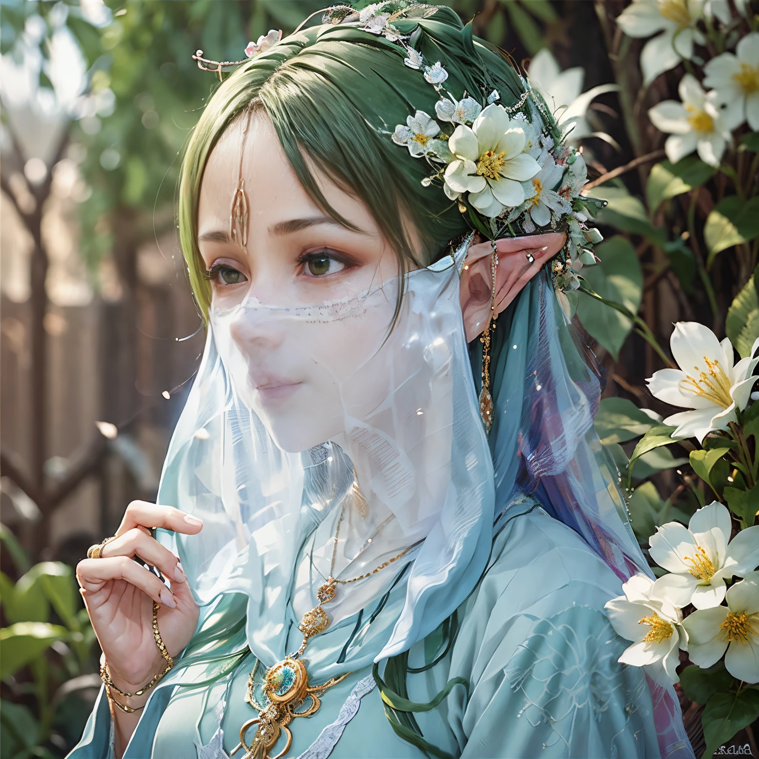 （（Long ears）），Head close-up，Eyes are very delicate，Elf，Gorgeous green Hanfu，（（（Hair accessories）））（（（veil））），necklace，（（（a garden with many flowers））， （（Intricate details））， （（Surrealism））（8K）