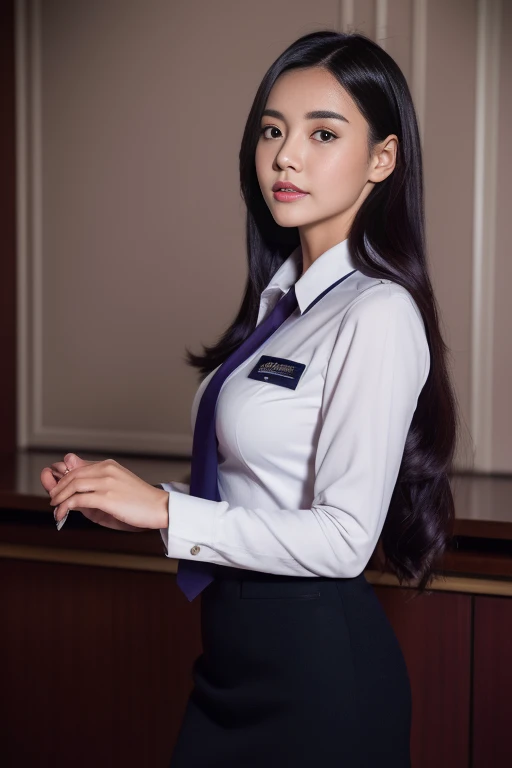 Solo,RAW photo, (8K, Best quality: 1.2), (Masterpiece, Photorealistic: 1.3), Super detail, Anatomically correct, Facing the camera,Young woman flight attendant in 20s, long dark hair, plum lips, navy blue pencil skirt, black pantyhose