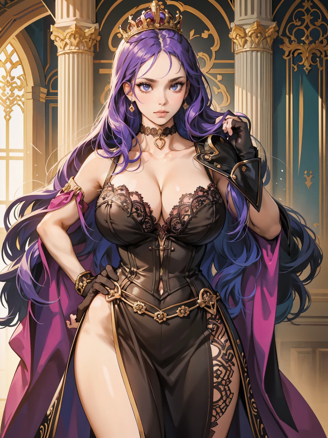 An eccentric queen with an exaggerated bust, dressed in an elaborate and provocative royal gown. Her gown is designed to showcase her voluptuous figure, with a deep neckline that reveals ample cleavage. The gown is a deep, rich purple with gold accents, featuring intricate lace and sheer fabric that exposes much of her skin. She wears a luxurious crown adorned with precious gems, and long, black leather gloves. Her corset is tight, accentuating her waist, and she has a choker around her neck. The queen's hair is styled in loose, flowing waves, and she holds a jeweled scepter. The background is an opulent throne room with dark, gothic architecture. High-quality, ultra-realistic 8K, with a focus on detailed textures and a perfect, clean finish. The queen's expression is playful yet dominant, making her both beautiful and intimidating, with a hint of madness in her eyes.