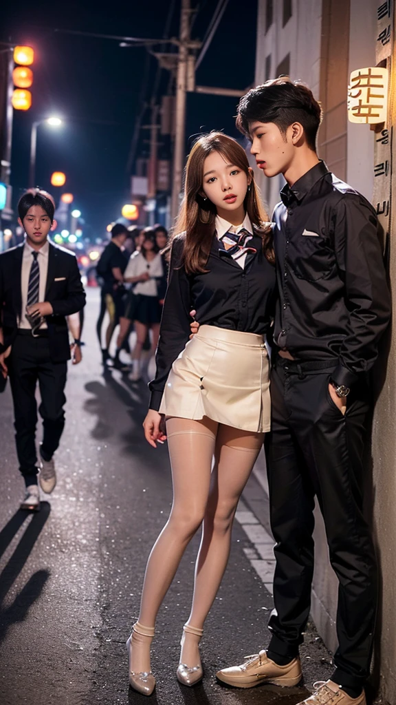 (((NFSW : 1.2))), (((pornography))), (realistic), (intricate details:1.2), (masterpiece、:1.3), (top quality:1.4), (Ultra A high resolution:1.2), Ultra A high resolution, 8K resolution, very detailed expression, dark, (high quality), complete anatomy, natural anatomy, full body photo, 1 Girl is being taken away by two boys, 18 years old, (call girl:1.5), (prostitute: 1.5), (Asian, Korean:1.8), (beautiful : 1.4), (Shiny blonde banging), (big earrings), heavy makeup, Confusing wording, choker necklace, long legs, (She weared flesh colored realistic pantyhose and fake socks and shoes : 1.5), (a girl weared slim high_school uniform_pencil mini skirt and blouse : 1.6),(boys weared high school uniform_shirts and pants:1.5), (they are wearing a slim blazer), glowing skin, The boys who love her stand on both sides of her and take her away..),(She is being sexually harassed by boys : 1.5), (The boys grabbed her thighs.) , (night street : 1.5), dark, neon sign, red light district, prostitution street, (detailed background:1.2),She has fun with several Korean high school boys : 1.4), (One person's shoes are always symmetrical:1.5), they are poor_behaved agers,