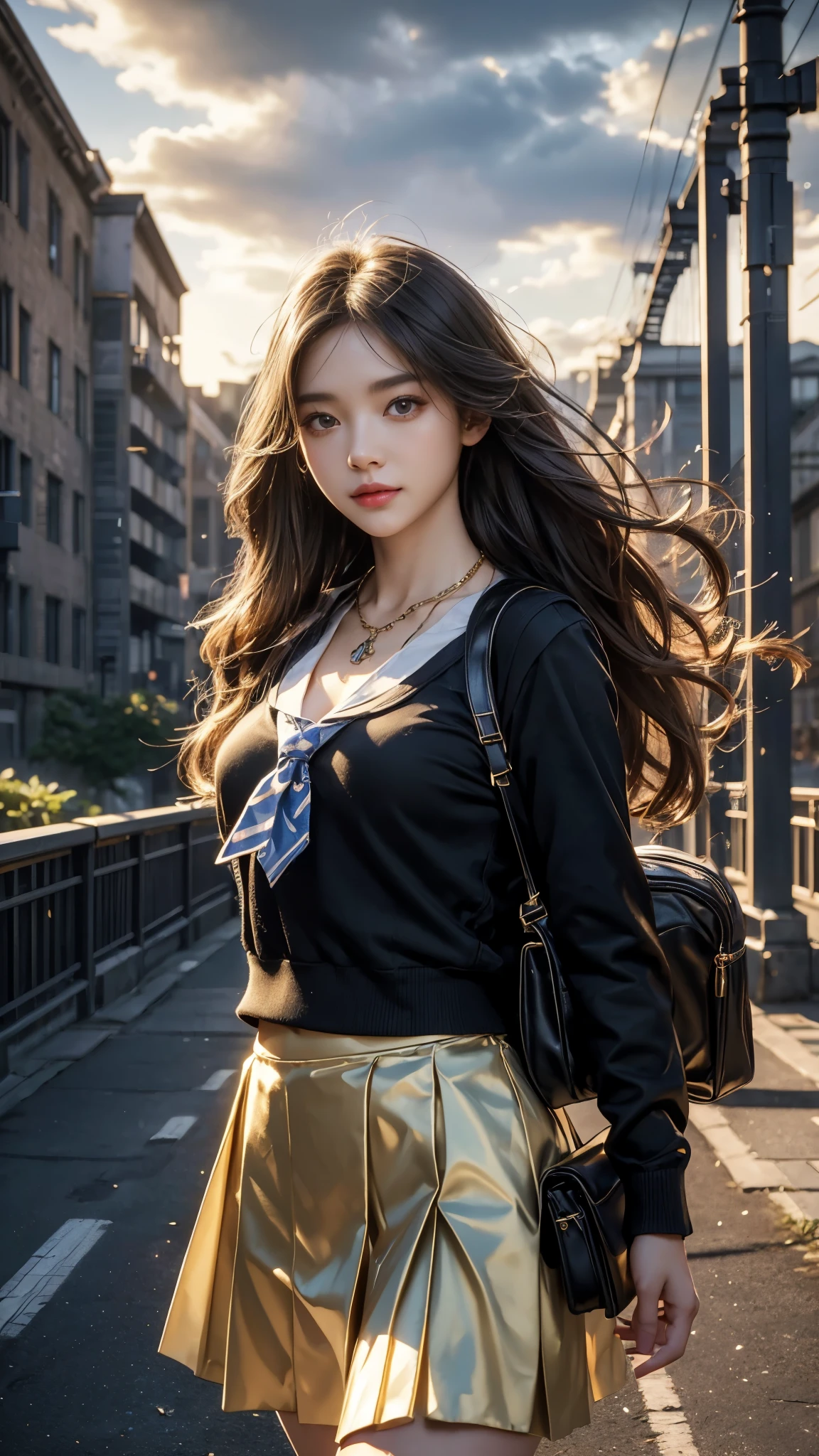 8K, UHD, masterpiece, 1 girl, good face, happy face, detailed eyes, very long hair, necklace, (school uniform), (golden skirt), tie, school bag, in the bridge, cloudy weather, realism, depth of field, 3d, unreal engine 5, ray tracing, flowing wind,