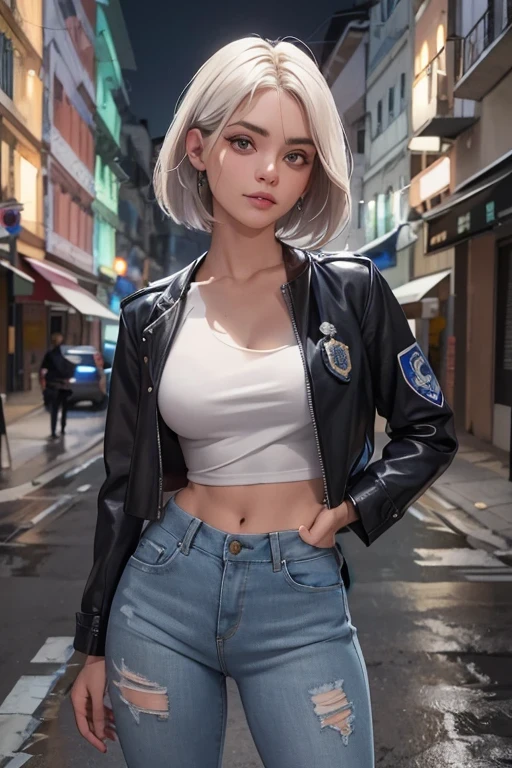 1 garota linda policial de noite, cabelos curtos estilo French bob batido na nuca, cabelo cinza, olhos claros, de noite, cidade noturna, clima sombrio, chuva suave, police badge and police accessories, vestindo uma blusa cinza e jeans escuros justos, jaqueta de couro curta policial, mostrando abdome definido, olhar encantador