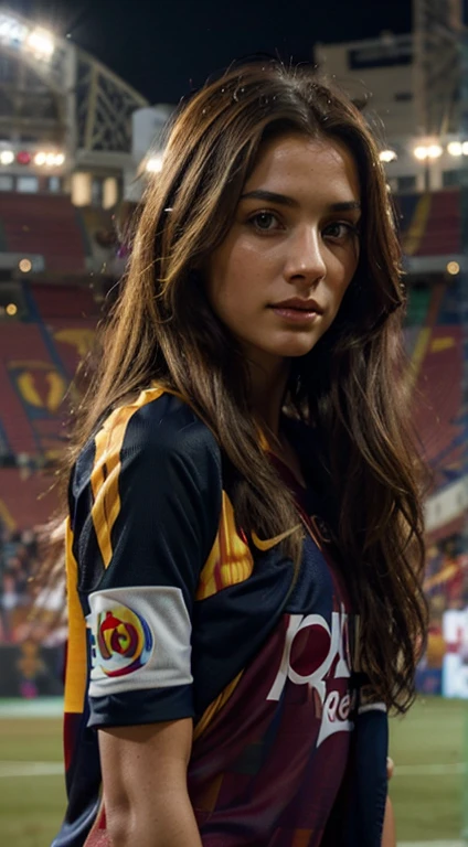 Beautiful women, long hair, wear ((barcelona jersey)), at stadium, realistic, high detailed face and eyes, hyperrealistic, masterpiece, high detailed clothes, ultra HD 8K, high resolution images