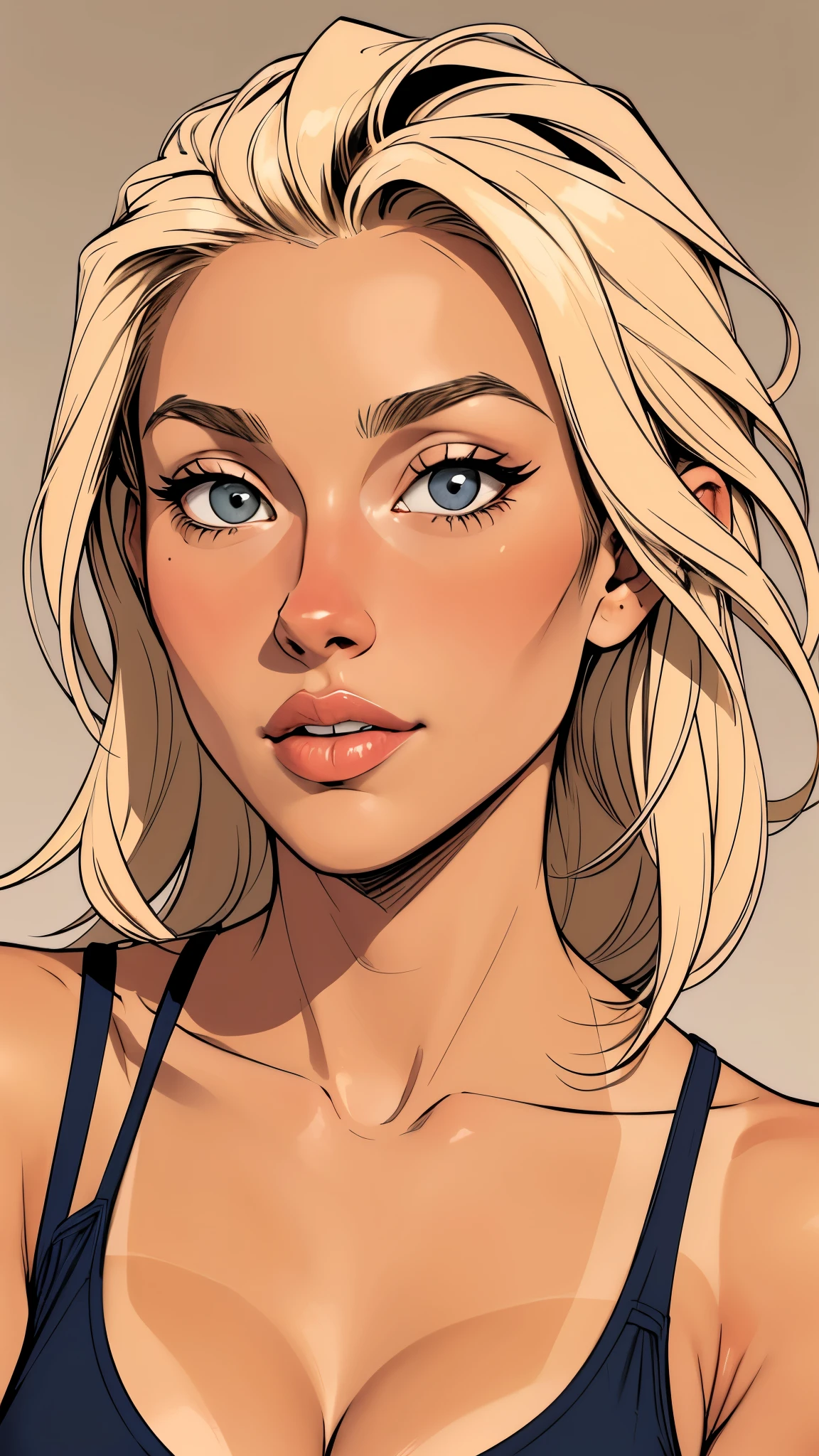 Flat colors, close up, portrait of a 25 year old surfer looking girl, tan skin, beach blonde salty hair, natural beaty, beautiful, casual, grey tank top, Cleavage simply beige background