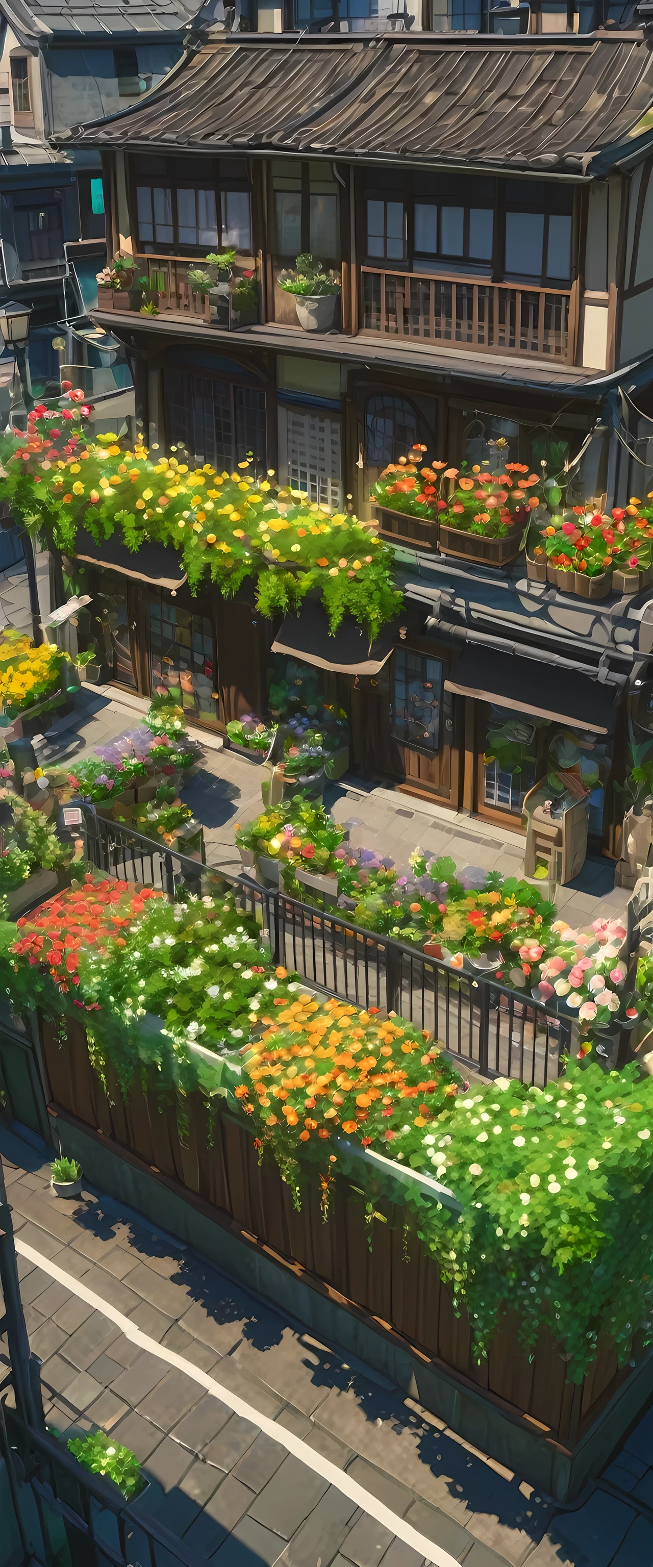 Ghibli anime style image, An european styled three story flower shop with a railing on the rooftop, the building is among other shops or houses in a japanese like alleys, point of view is from above, away from around three blocks of shops or houses.