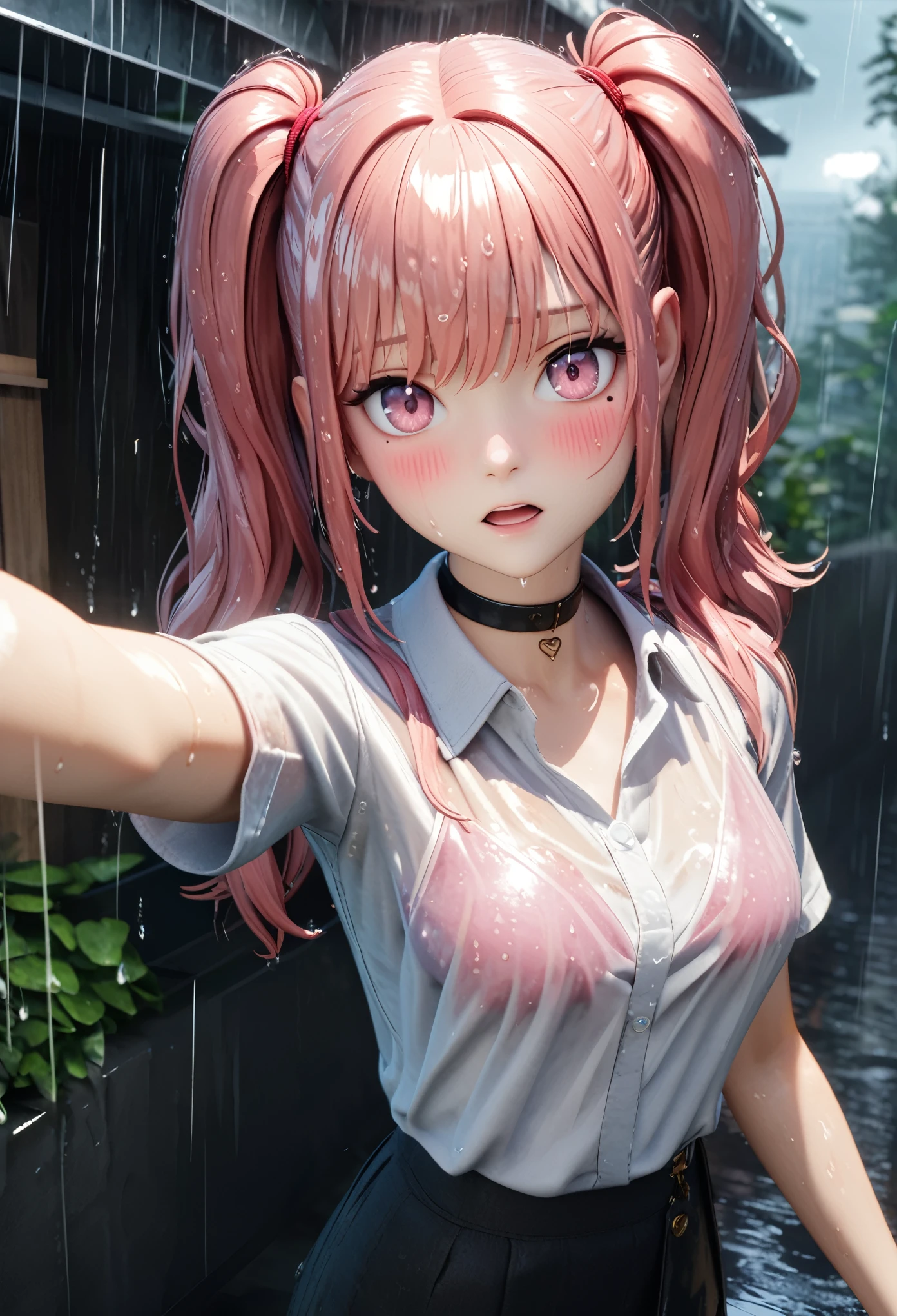 masterpiece, best quality, very detailed, high resolution, expensive resolution, high resolution, 4K, 8k, Unity 8k wallpaper, highly detailed CG, masterpiece, 2D, 3D, beautiful details, depth, fine texture, best quality: 1.3, perfect focus, transparent skin, him, rain, wet, wet clothes: 1.2
Very cute anime girl, (bra visible through white blouse wet from pouring rain, miniskirt), large breasts, expensive twin tails hair, one girl, rain, (raindrops dripping from wet hair, bra visible through thin blouse wet from rain, miniskirt), mole under eye, looks at the viewer, expensive, blush, mole, open lips, heart, pink eyes, choker, white transparent bra
