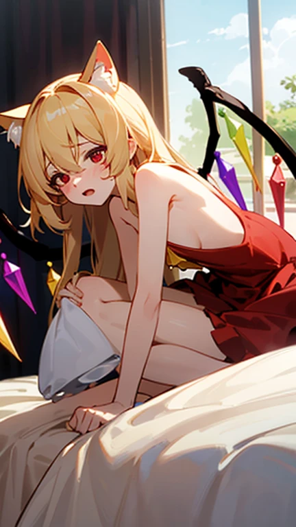 Highest quality　I have long hair　Flandre Scarlet　Red eyes　Odd Eye　kind　Cat ear　naked　Masturbation　ejaculation　one person