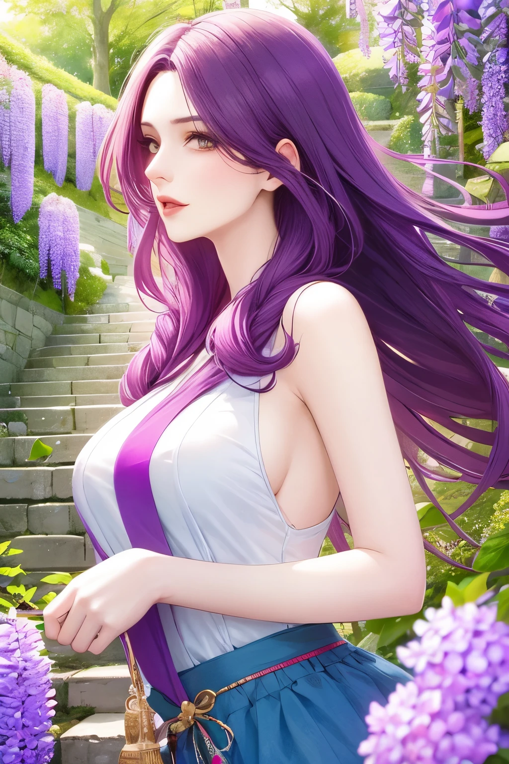 (masterpiece, best quality:1.2), 1girl, solo,mature_lady, delicate face,detail eyes,long hair, floating hair,medium breasts, upper body,,santa clothes,Wallpaper Fusion, dappled sunlight, day, flower, hydrangea, leaf, light rays, nature, outdoors, path, plant, purple flower, scenery, stairs, sunlight, torii, tree, wisteria
