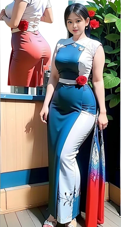 Burmese girl blue red Silk dress attractive curvy full body.  Friends full-length bikini, ( Dress too shiny dress) reflective long dress painted with flower patterns, only dress.  hi gh hips  High resolution  High resolution  natural background  High resolution  HD  3D,  8K cartoon anime 