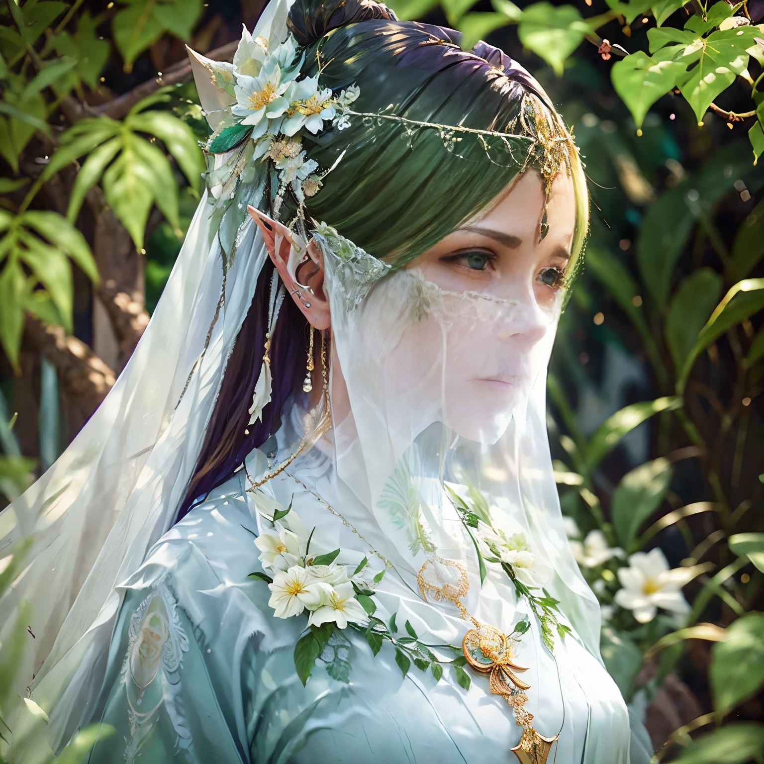 （（Long ears）），Head close-up，Eyes are very delicate，Elf，Gorgeous green Hanfu，（（（Hair accessories）））（（（veil））），necklace，（（（a garden with many flowers））， （（Intricate details））， （（Surrealism））（8K）