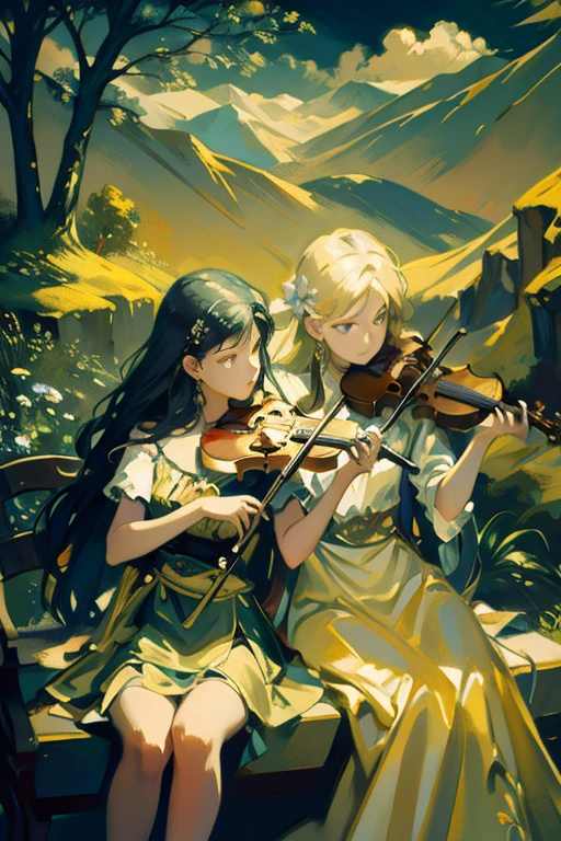 detailed full body portrait,(A painting of two girls with an oboe and a violin), Pale gold dress Andy Jurgens (mandy jurgens) A realistic painting was created, transformation, Figurative art, Detailed Description, Realistically, Artwork, Contour, View from the side, Colorful Noise, Visual clutter,Modern aesthetics、Viennese style、Four Seasons Discount々A vast mountain foothills where beautiful nature spreads out