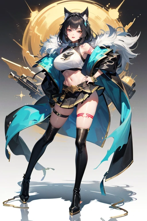 ((best quality)), ((masterpiece)), (detailed), Perfect face,, 完美Body，Perfect body，Ultra-wide angle composition，
Werewolf girl, ((Fluffy skin)), paw放在脚上, fluffy fur on Body, ((Fangs)), ((paw)), Tight crop top, Split, , huge metal bracelet, Huge metal collar, High-leg over-the-knee boots, light green pole_detailed_(Lacy, fur, silk, satin)_(clothing, skirt), detailed face, detailed beautiful shiny eyes, slit pupil, Metal Reflection, future city square, (tattooed, marked)_fit_muscular_Body, (((1 girl))), portrait, (full Body), natural breast, Medium Length Hair, masterpiece, best quality, Pretty and beautiful:1.2, Fractal Art:1.4, 16K, High Dynamic Range, Renesas Electronics, Ray tracing, Radiosity, Anisotropic filtering, Subsurface scattering