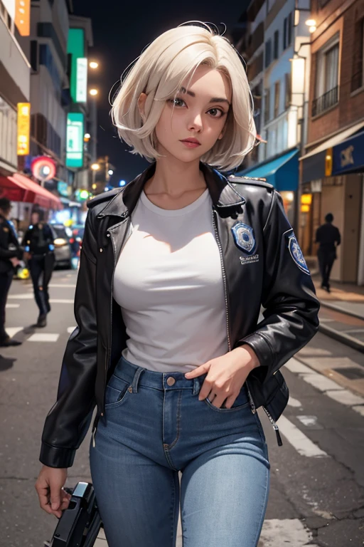 1 garota linda policial de noite, cabelos curtos estilo French bob batido na nuca, cabelo cinza, olhos claros, de noite, cidade noturna, clima sombrio, chuva suave, police badge and police accessories, vestindo uma blusa cinza e jeans escuros justos, jaqueta de couro curta policial, mostrando abdome definido, olhar encantador