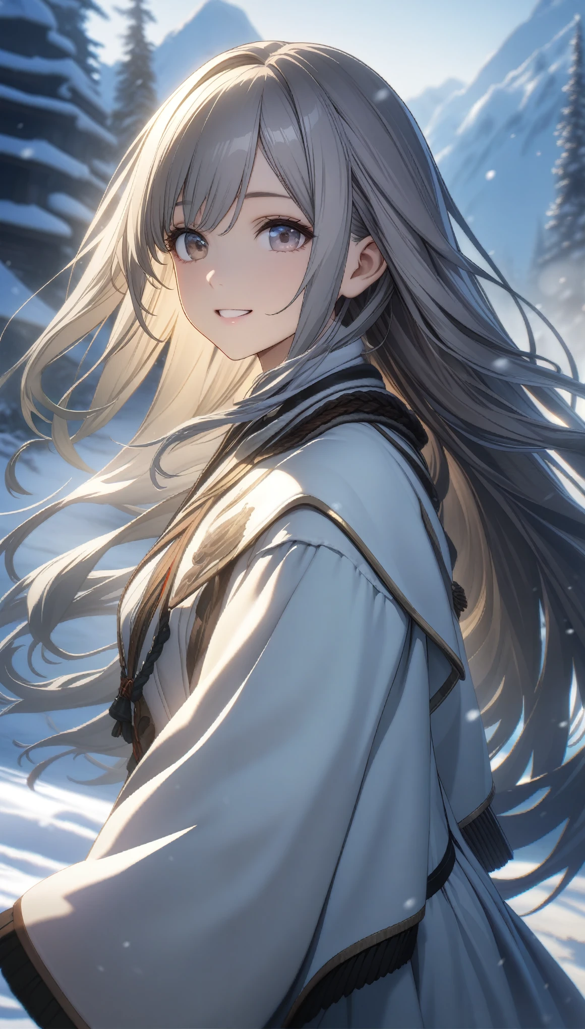 32k, best quality, ultra high res, HDR, UHD, extremely detailed CG, unity 32k wallpaper, highest quality, 4K quality, One girl, White clothes, snow, Long hair blowing in the wind, Healing Smile, Large Diameter, Blurred Background, 