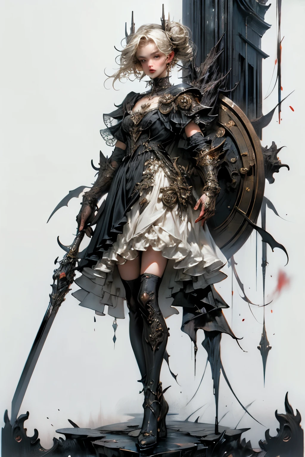 ((best quality)), ((masterpiece)), (detailed), perfect face ((best quality)), ((masterpiece)), (detailed), blank white background, plain background, white background, Bloodborne inspired,  occult aesthetic, occult, detailed and intricate steampunk and detailed gothic, NSFW, Very dramatic and cinematic lighting, cosmic horror, grim-dark, side-lighting, perfect face, a beaituful goddess adorned and enshrined in armour, Bloodborne inspired , occult aesthetic, occult, detailed and intricate steampunk and detailed gothic, wielding a sword and holding a shield, NSFW, Fluttering lace flared long knee length dress with frilly petticoats, knee length dress, pleated petticoats, lolita dress, petticoats gothic lolita, side-lighting, gothic lolita aesthetic, beautiful small breasts, small breasts, full body, whole body, body, plain background, white background, blank background, no background, white background NSFW, full body, whole body, head-to-toe