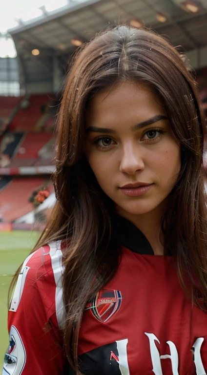 Beautiful women, long hair, wear ((arsenal jersey)), at stadium, realistic, high detailed face and eyes, hyperrealistic, masterpiece, high detailed clothes, ultra HD 8K, high resolution images
